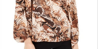 INC Women's Snake Print Tie Neck Peasant Top Brown Size Large