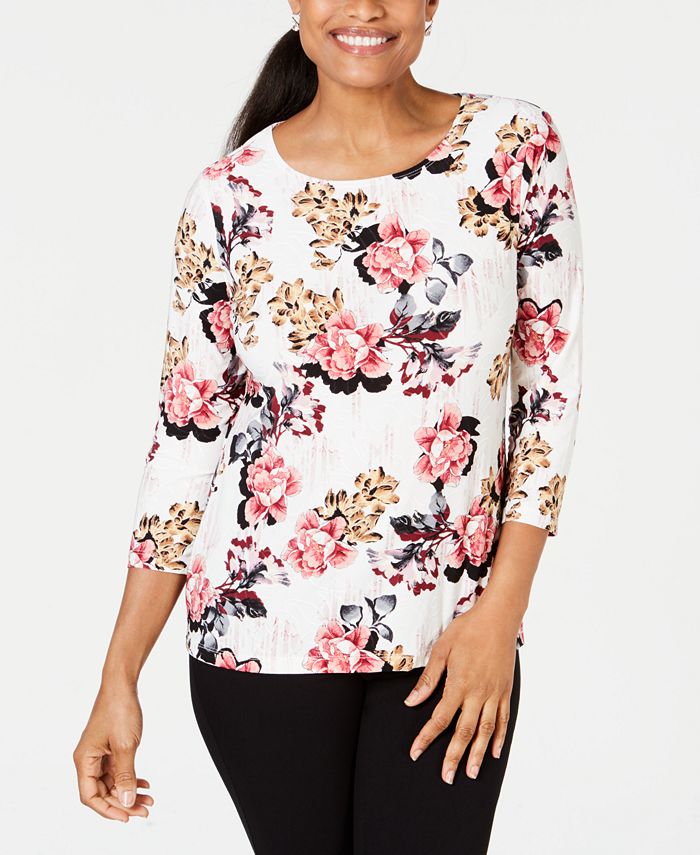 JM Collection Women's Printed Jacquard Top -White Size Petite M