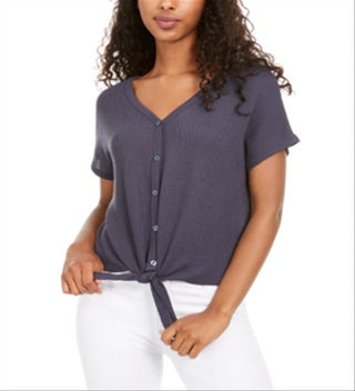 Pink Rose Junior's Tie Front Thermal Top Blue Size Small