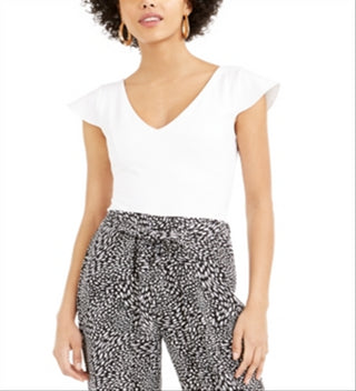 Bar III Women's V Neck Flutter Cap Sleeve Top White Size XX-Large