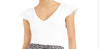 Bar III Women's V Neck Flutter Cap Sleeve Top White Size XX-Large