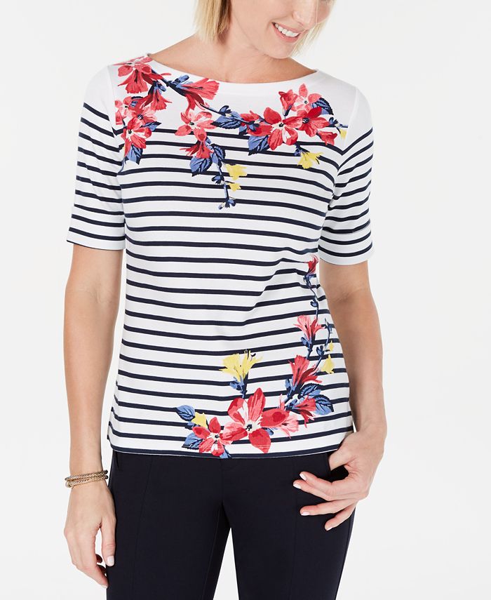 Karen Scott Women's Mixed Print Elbow Sleeve Top White Size Petite S/M