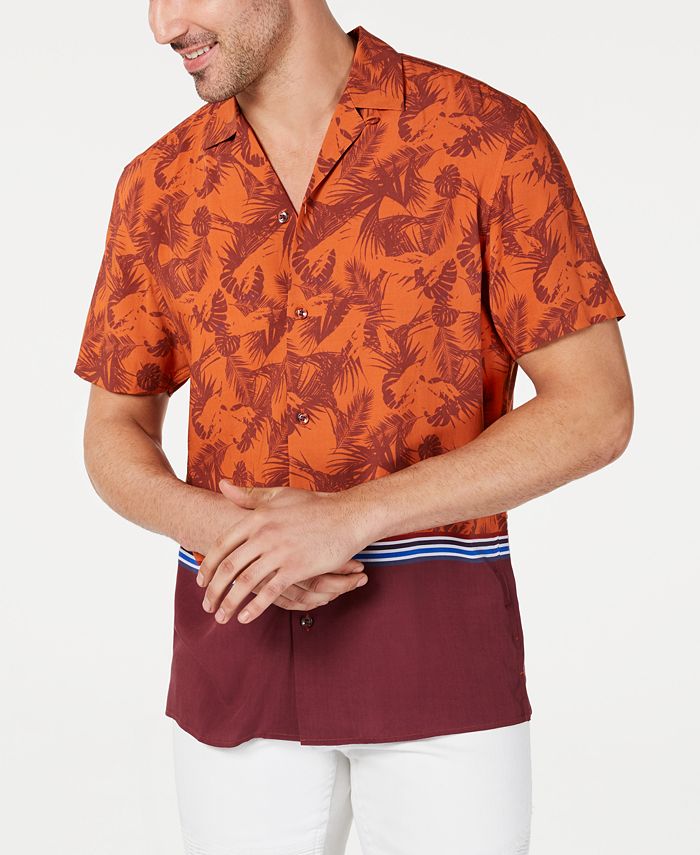 INC International Concepts Men's Nico Camp Button Down Mixed Media Shirt Orange Size XX-Large