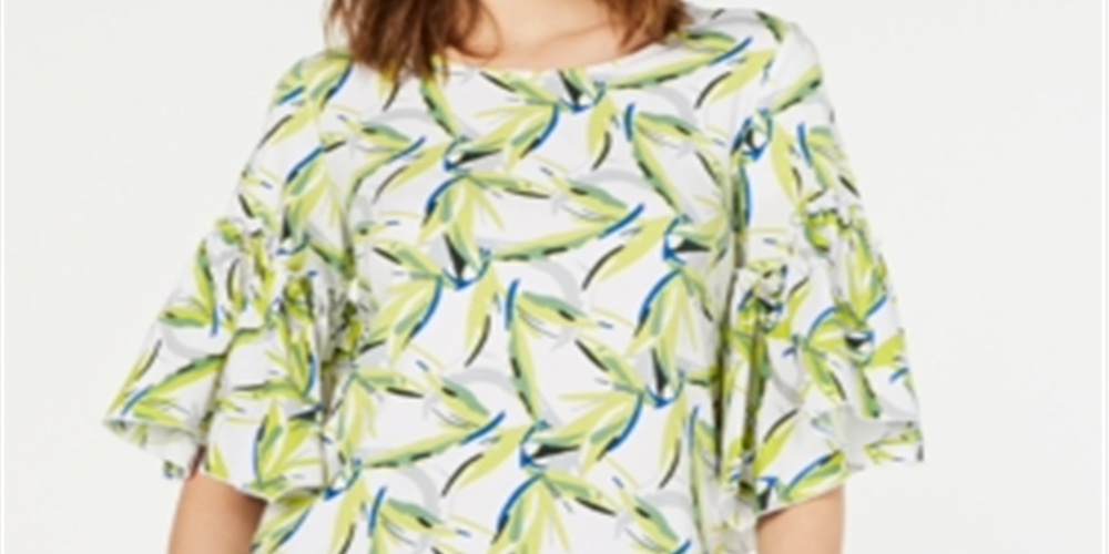 Alfani Women's Bell Sleeve Printed Top White  Size Petite S/M