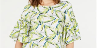 Alfani Women's Bell Sleeve Printed Top White  Size Petite S/M