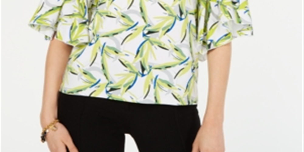 Alfani Women's Bell Sleeve Printed Top White  Size Petite S/M