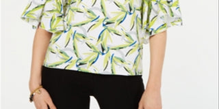 Alfani Women's Bell Sleeve Printed Top White  Size Petite S/M