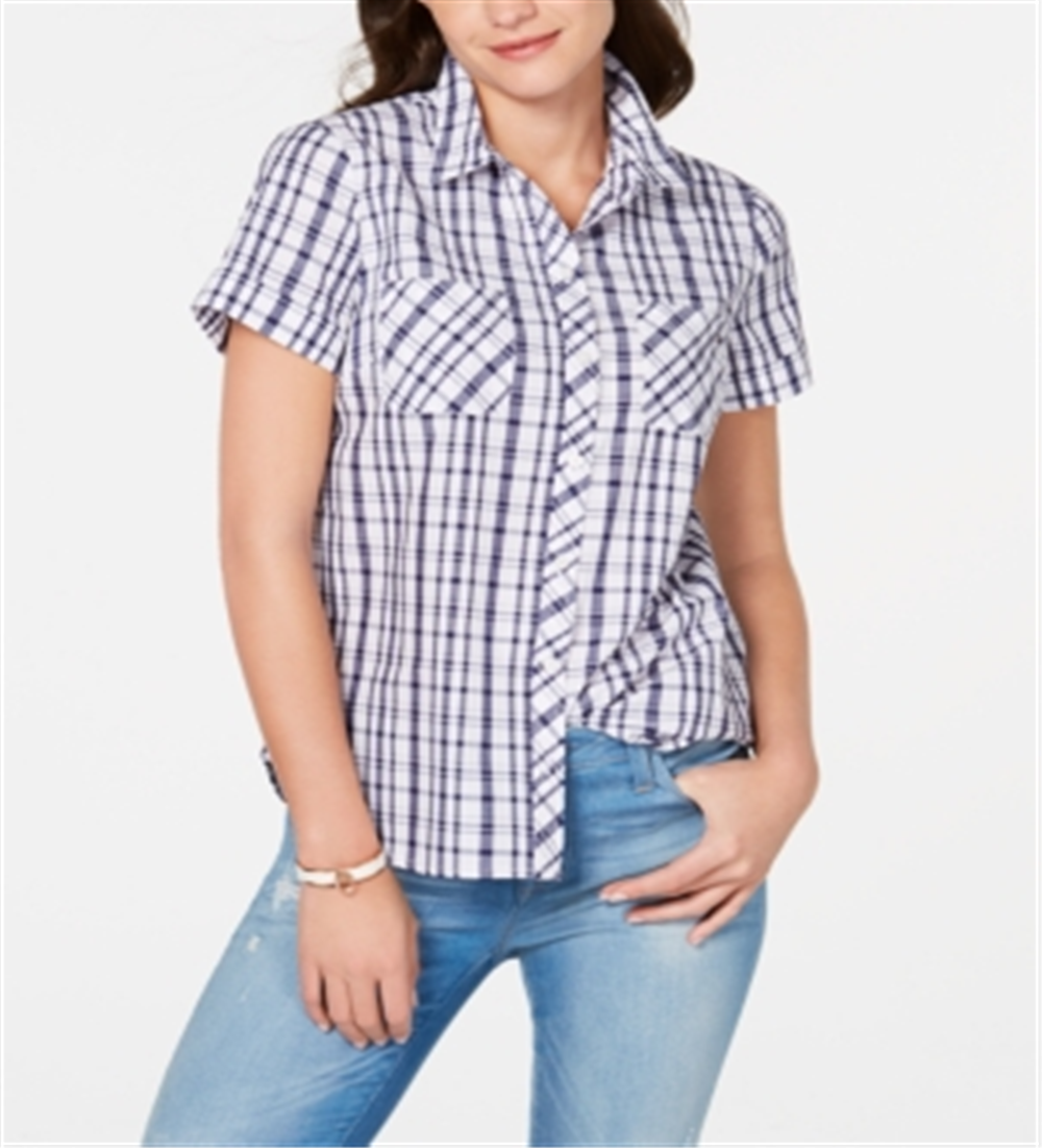 Tommy Hilfiger Women's Plaid Button Down Top Blue Size Small