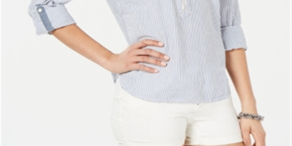 Tommy Hilfiger Women's  Zippered Seersucker Top Blue Size S