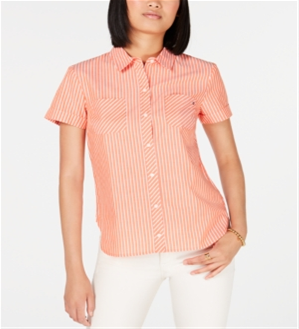 Tommy Hilfiger Women's Cotton Striped Camp Shirt Orange Size Small