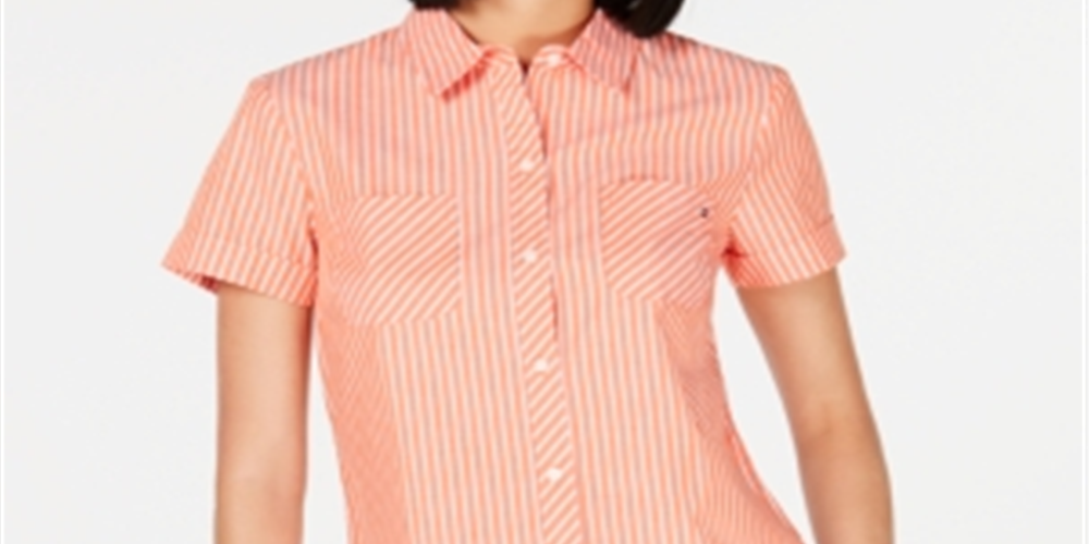 Tommy Hilfiger Women's Cotton Striped Camp Shirt Orange Size Small