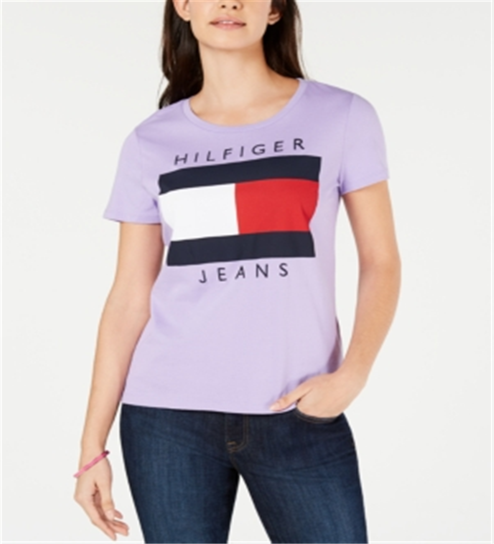 Tommy Hilfiger Women's Cotton Embroidered Logo T-Shirt Purple Size Small
