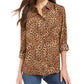 Charter Club Women's Animal Print Roll tab Sleeve Collared Evening Button up Top Brown Size Petite Medium
