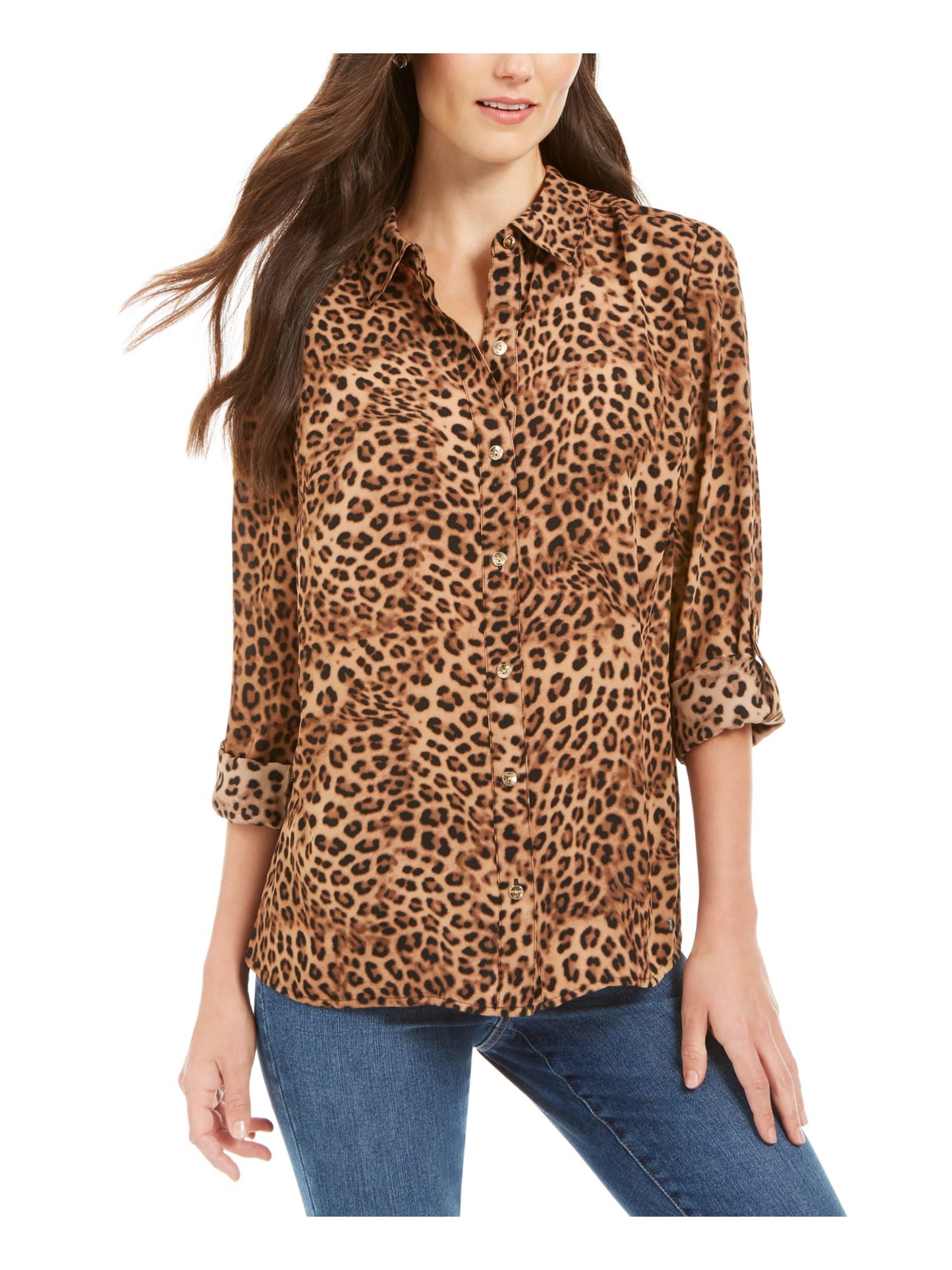 Charter Club Women's Animal Print Roll tab Sleeve Collared Evening Button up Top Brown Size Petite Medium