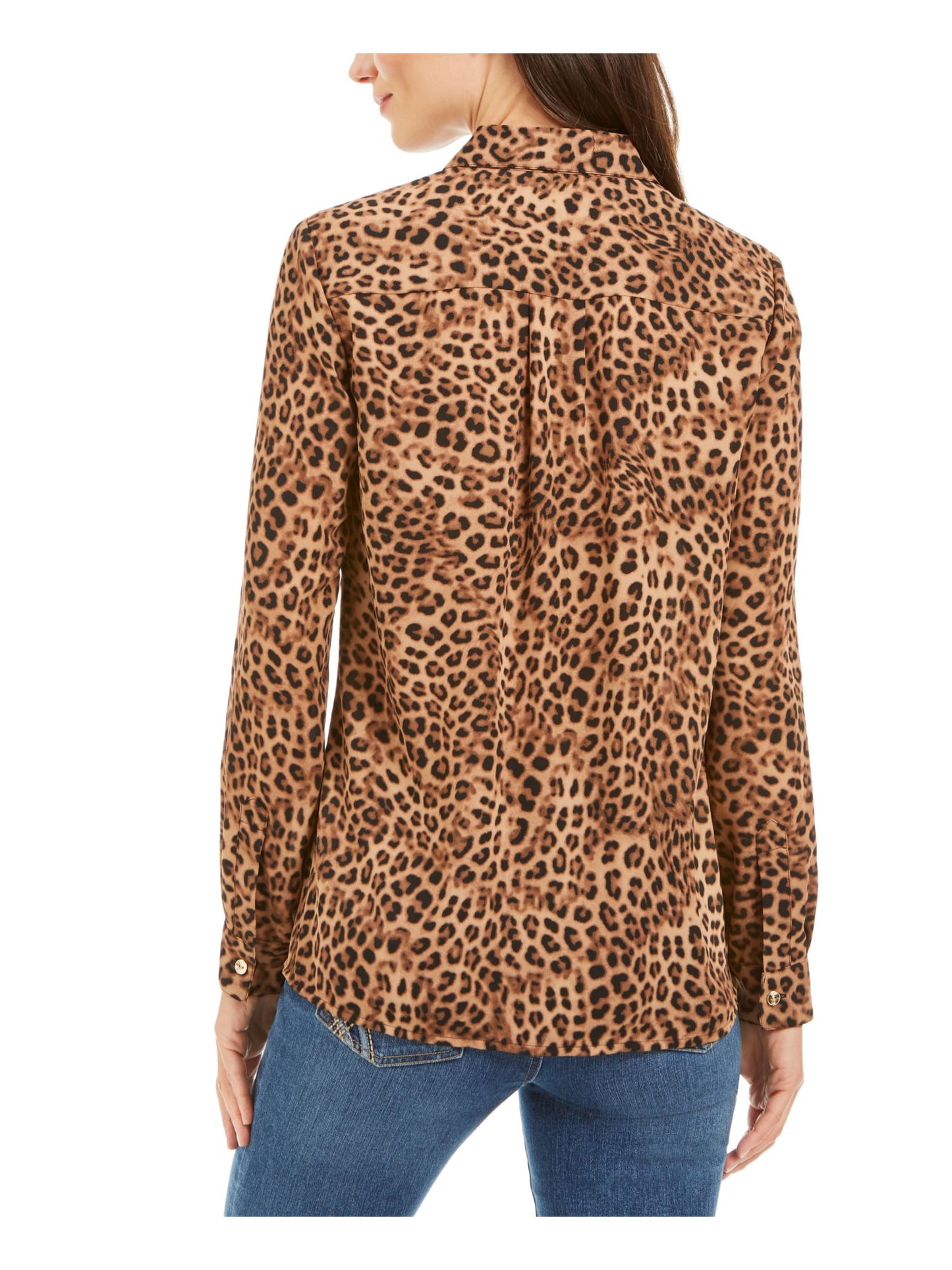 Charter Club Women's Animal Print Roll tab Sleeve Collared Evening Button up Top Brown Size Petite Medium