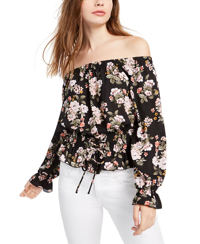 Ultra Flirt Junior's Smocked Off the Shoulder Top Black Size Large