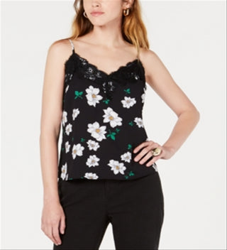Bar III Women's Lace Floral Spaghetti Strap Tank Top Black Size Large
