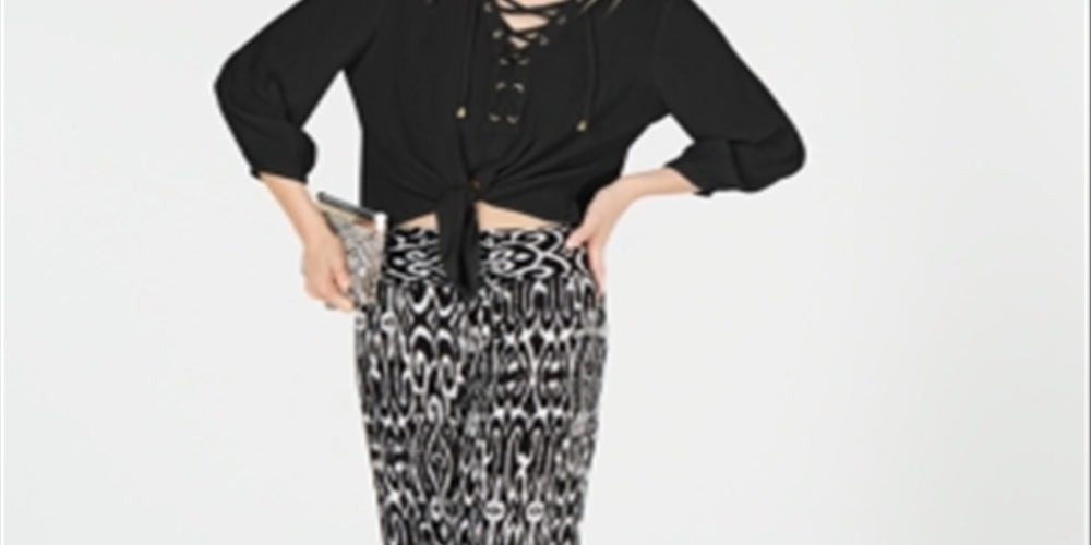 INC International Concepts Women's Lace up Blouse Black Size Petite