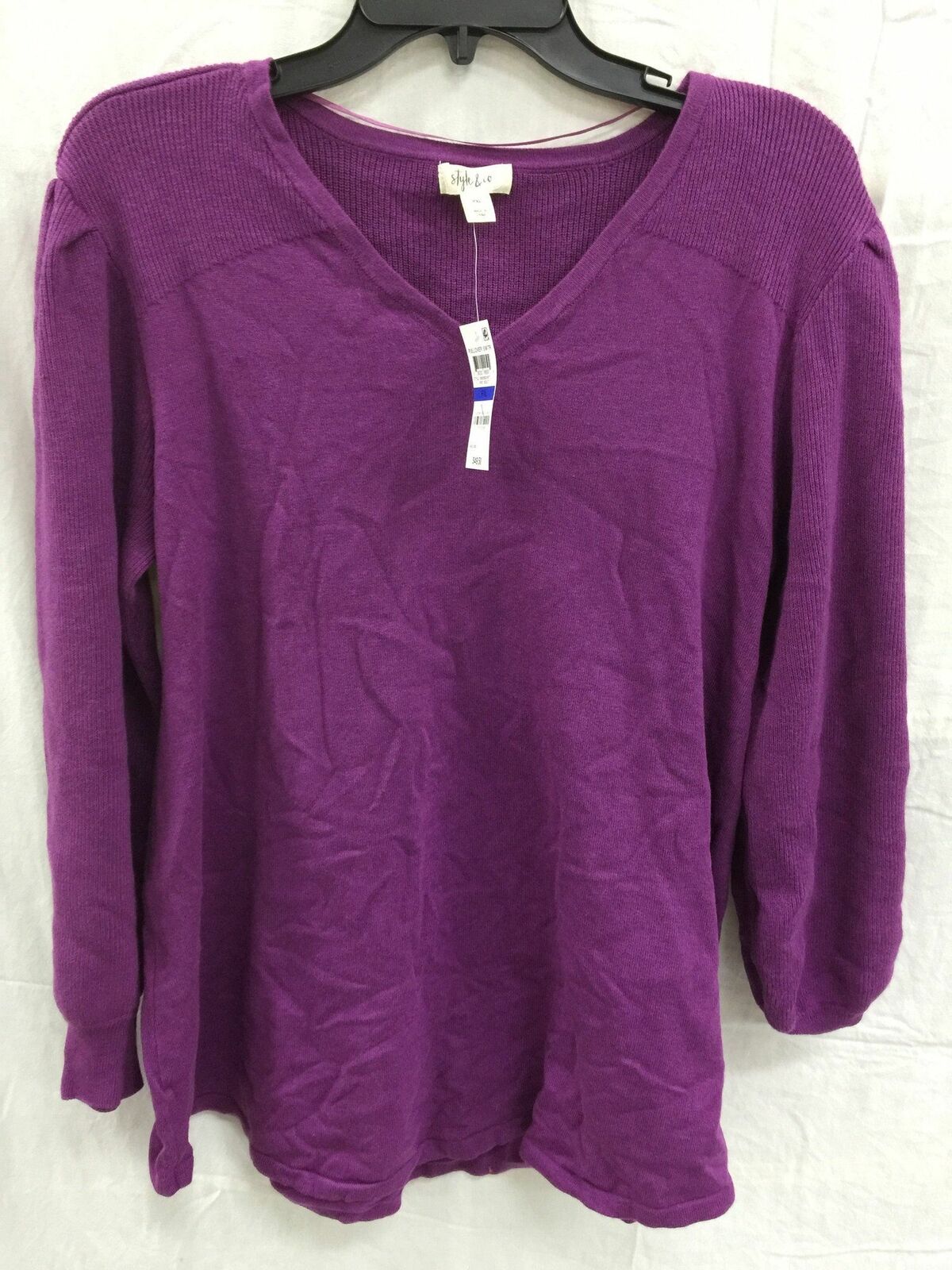 Style & Co Women's V Neck Blouson Sleeve Pullover Sweater Purple Size Petite Medium