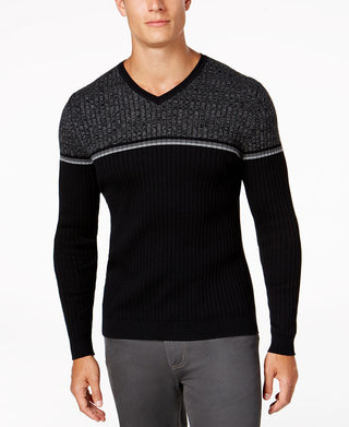 Alfani Men's Texture Stripe V Neck Sweater Black  Size Medium