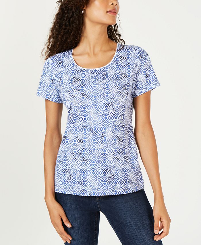 Karen Scott Women's Printed Scoop Neck T-Shirt Blue Size Medium