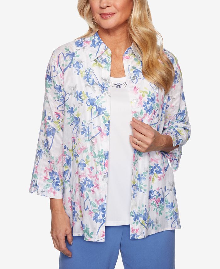 Alfred Dunner Women's the Summer Wind Layered Look Top White Multi Size Petite X-Large