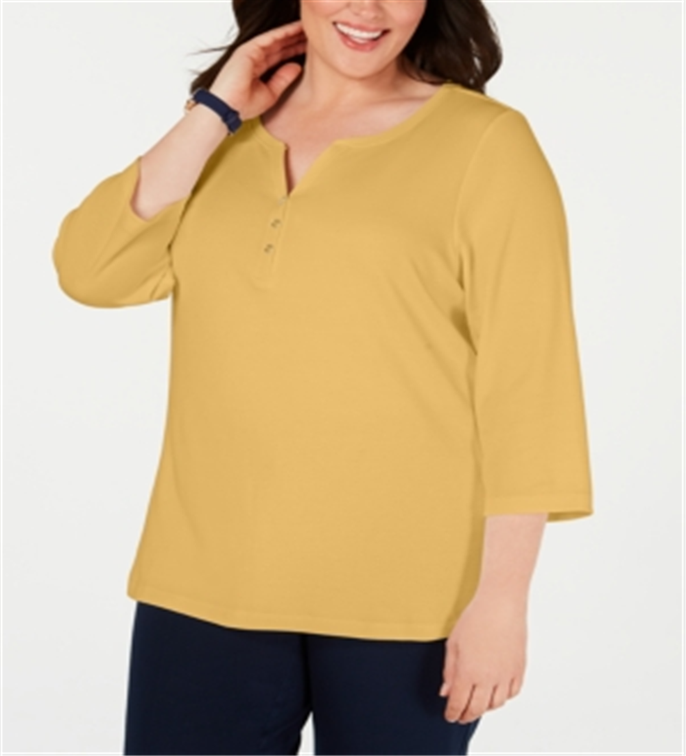 Karen Scott Women's Plus Cotton Split Neck Top Brown Size 1X