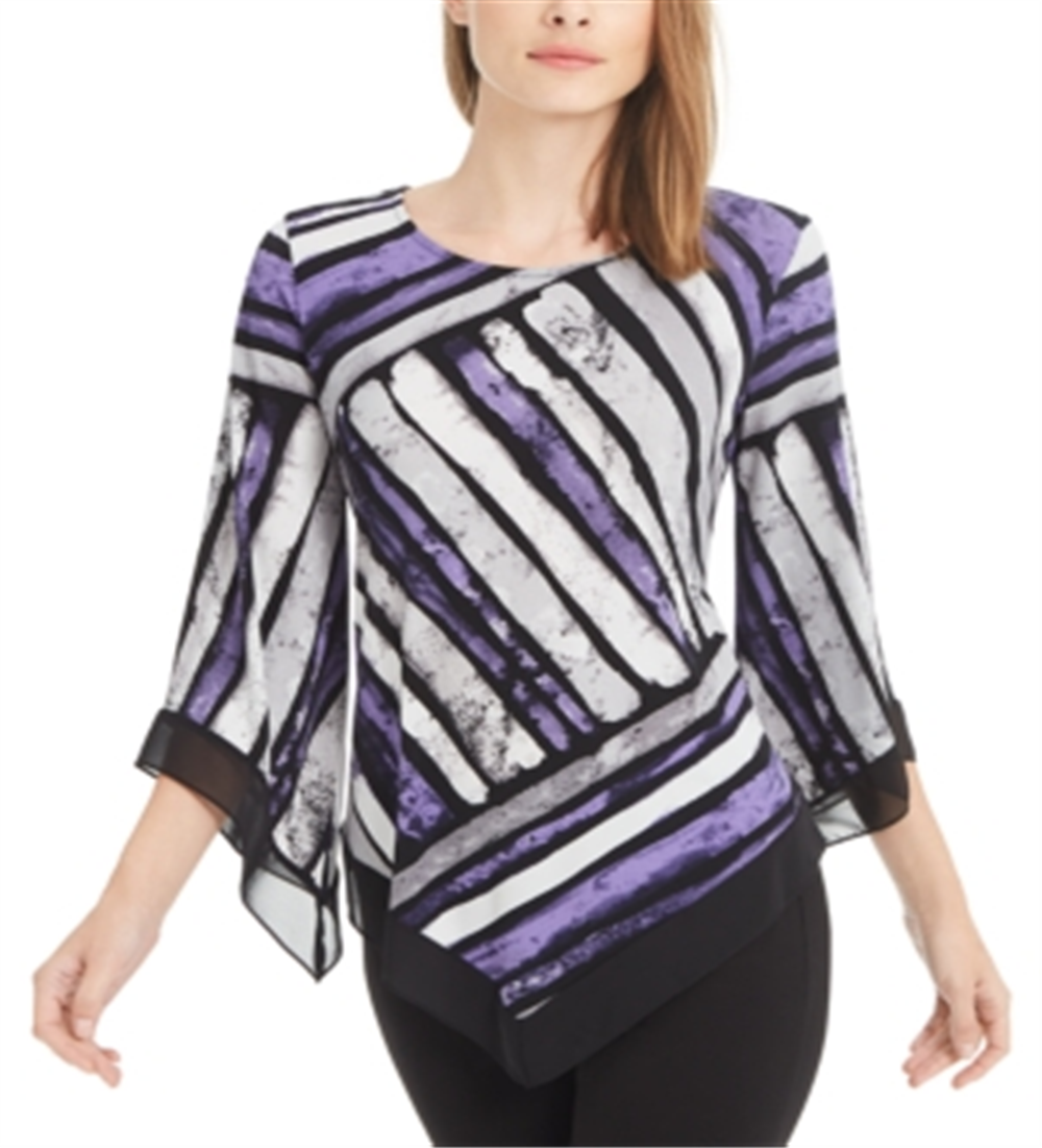 Alfani Women's Petite Printed Pointed-Hem Top  Art Stripe Purple Size PXL