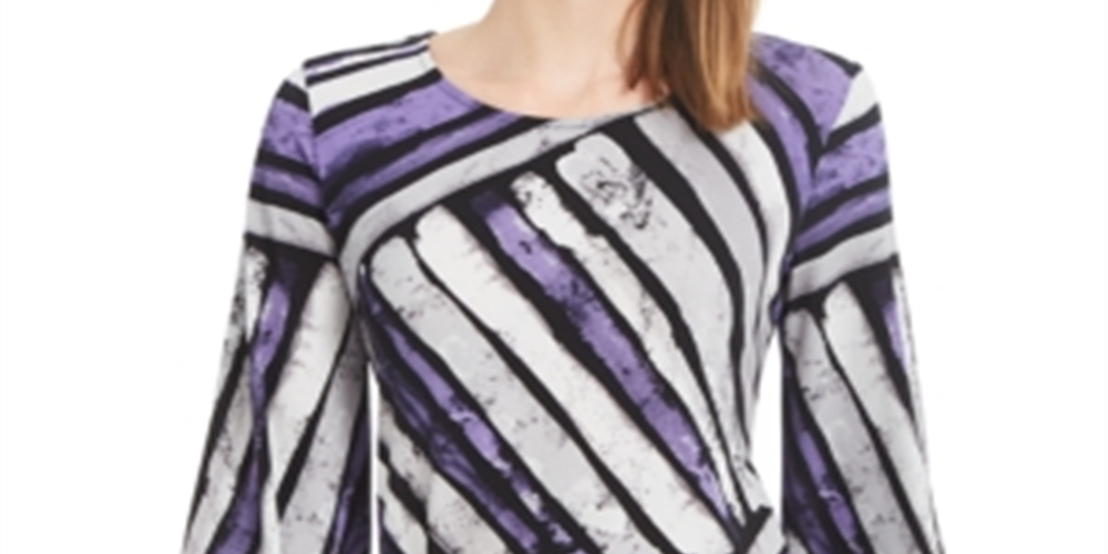 Alfani Women's Petite Printed Pointed-Hem Top  Art Stripe Purple Size PXL