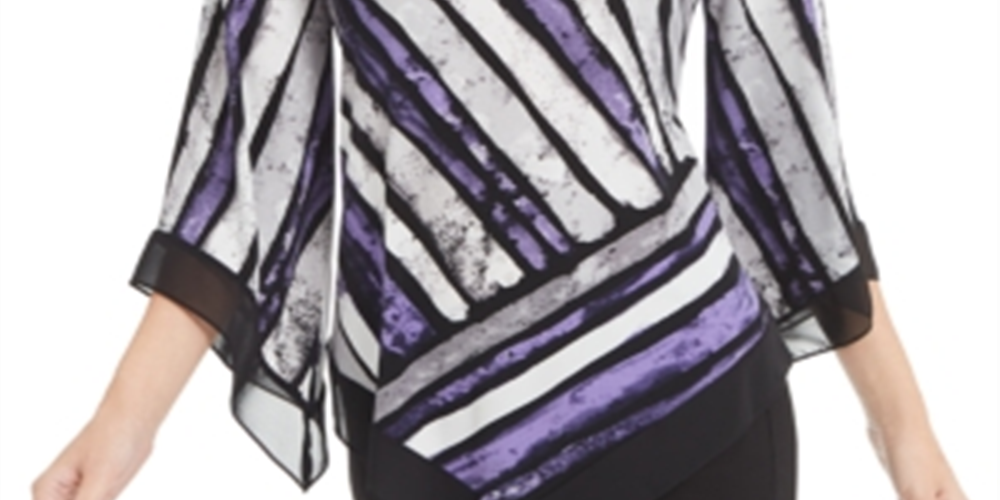 Alfani Women's Petite Printed Pointed-Hem Top  Art Stripe Purple Size PXL