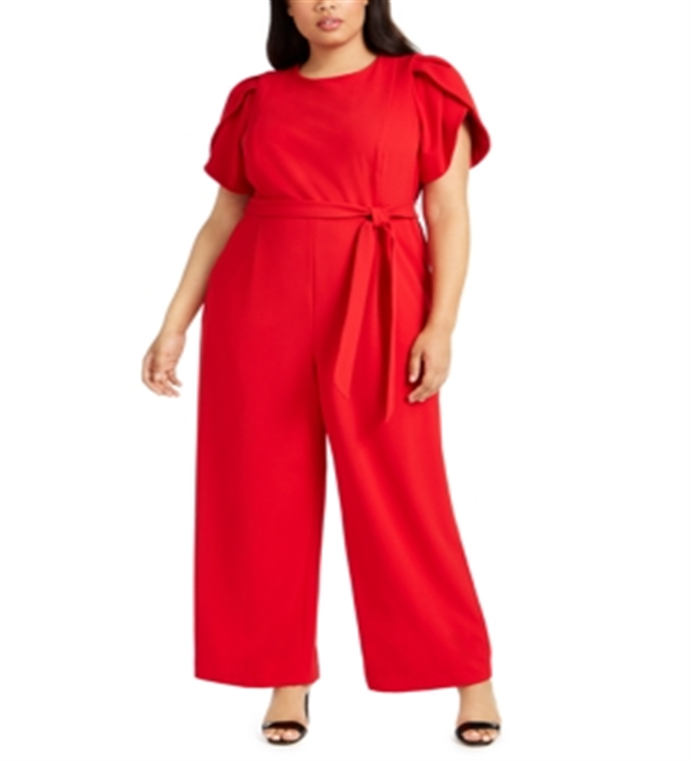 Calvin Klein Women's Tulip Sleeve Belted Jumpsuit Red Size 18W