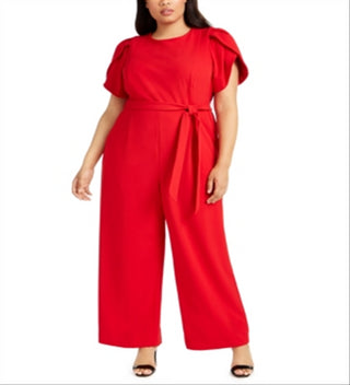 Calvin Klein Women's Tulip Sleeve Belted Jumpsuit Red Size 18W