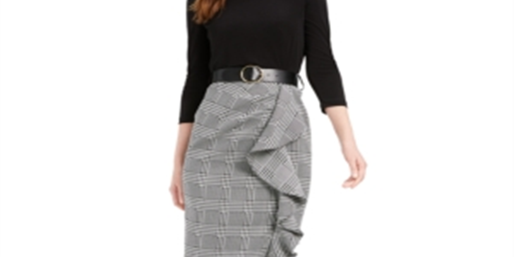 Calvin Klein Women's Belted Solid & Plaid Ruffled Dress Black Size 0P