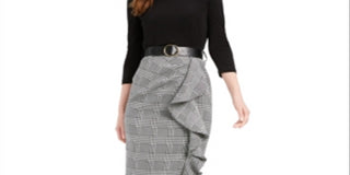 Calvin Klein Women's Belted Solid & Plaid Ruffled Dress Black Size 0P