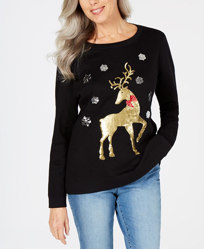 Karen Scott Women's Sequined Holiday Deer Sweatshirt Black Size Petite L