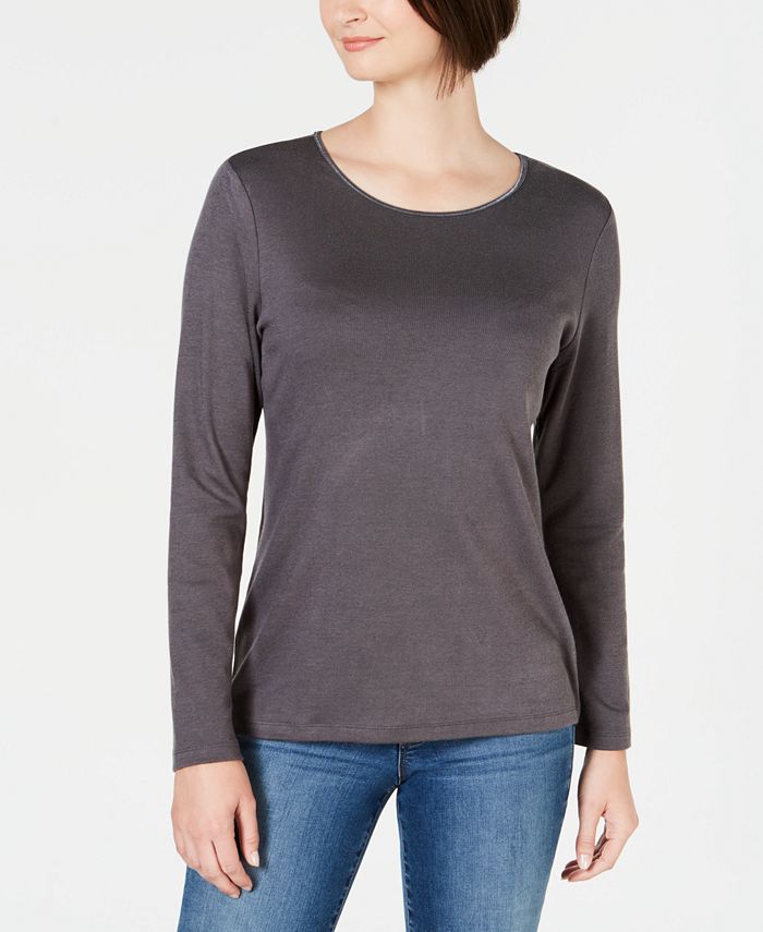 Karen Scott Satin-Trim Scoop-Neck Top Grey Size M