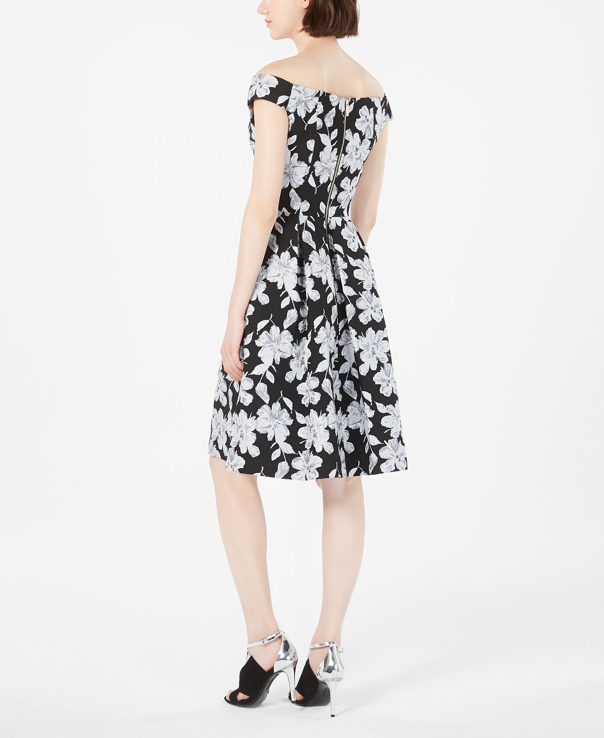 Calvin Klein Women's Floral Sleeveless Off Shoulder Knee Length Fit Flare Dress Black Size 10