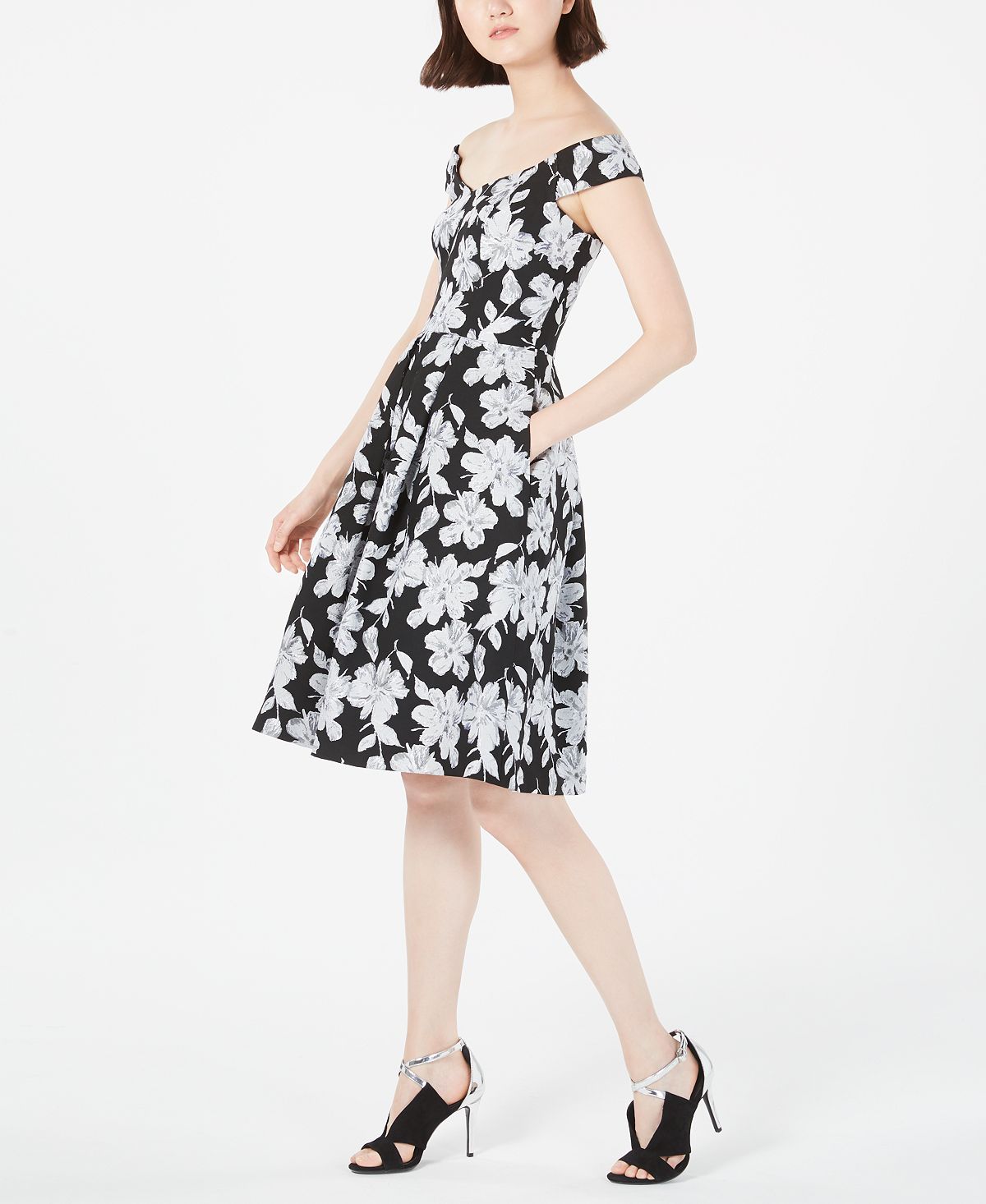 Calvin Klein Women's Floral Sleeveless Off Shoulder Knee Length Fit Flare Dress Black Size 10