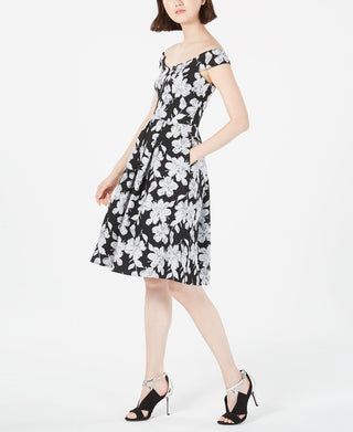 Calvin Klein Women's Floral Sleeveless Off Shoulder Knee Length Fit Flare Dress Black Size 10