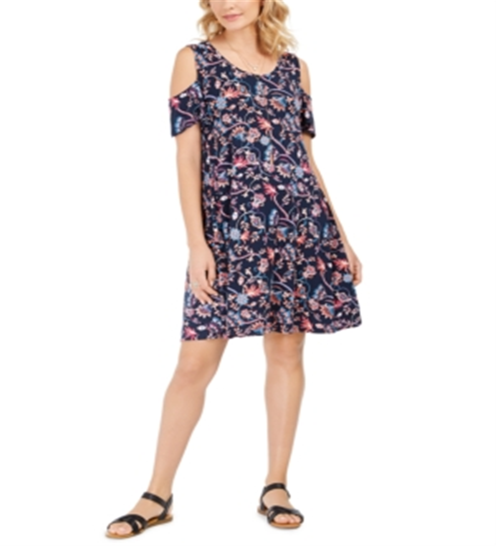 Style & Co Women's Cut Out Swing Floral Long Sleeve Above the Knee Dress Dark Blue Size PP