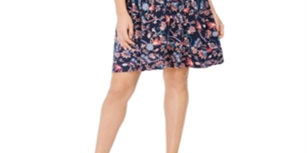 Style & Co Women's Cut Out Swing Floral Long Sleeve Above the Knee Dress Dark Blue Size PP