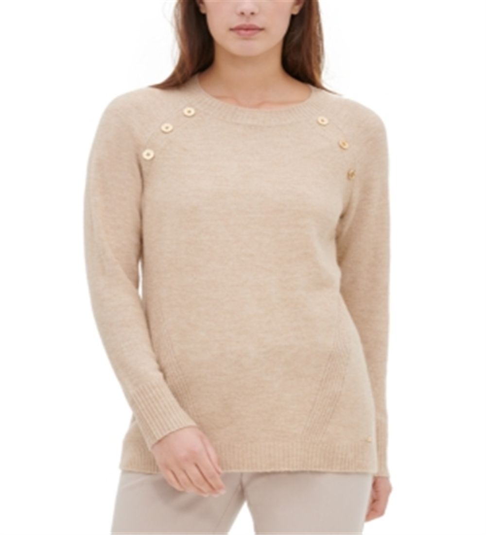 Calvin Klein Women's Button Detail Crewneck Sweater Brown Size Small