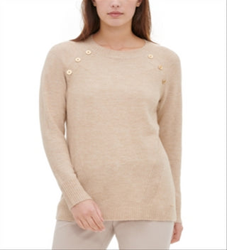 Calvin Klein Women's Button Detail Crewneck Sweater Brown Size Small