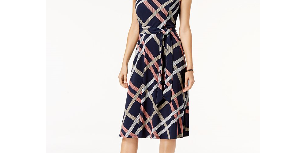 Charter Club Women's Printed Fit & Flare Dress Dark Blue Size XXL