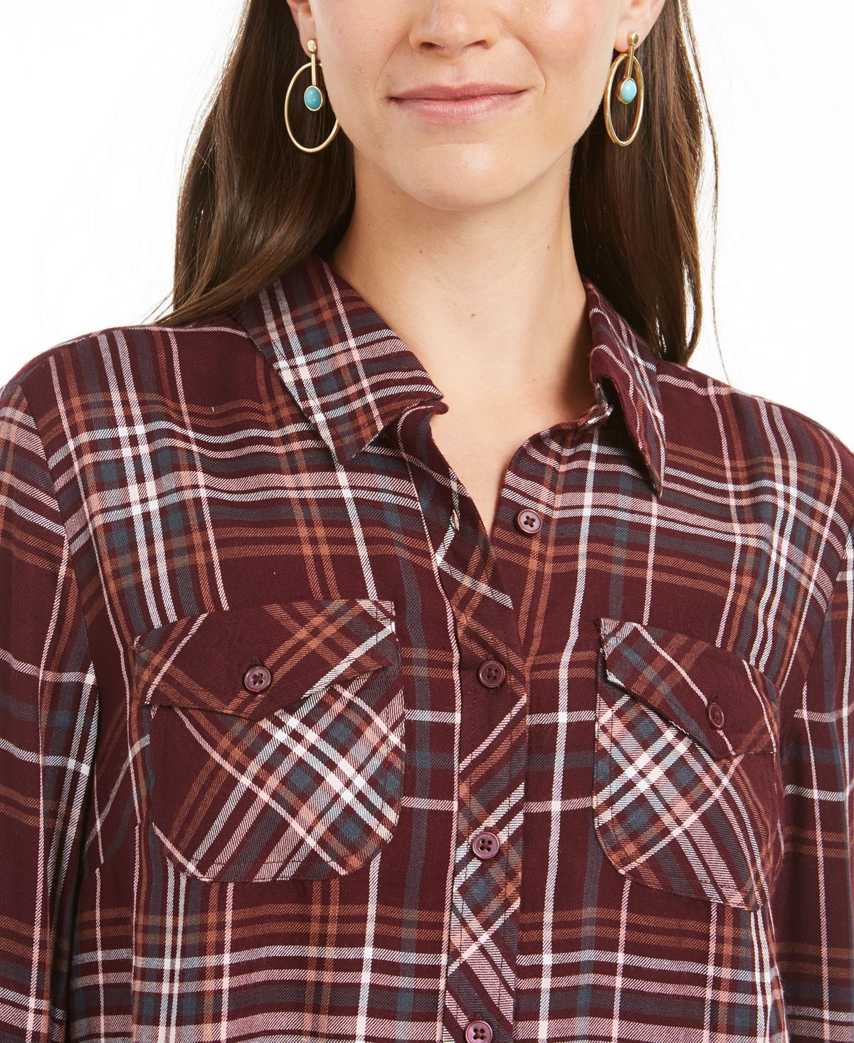 Style & Co Women's Plaid Utility Shirt Wine Size  Petite L