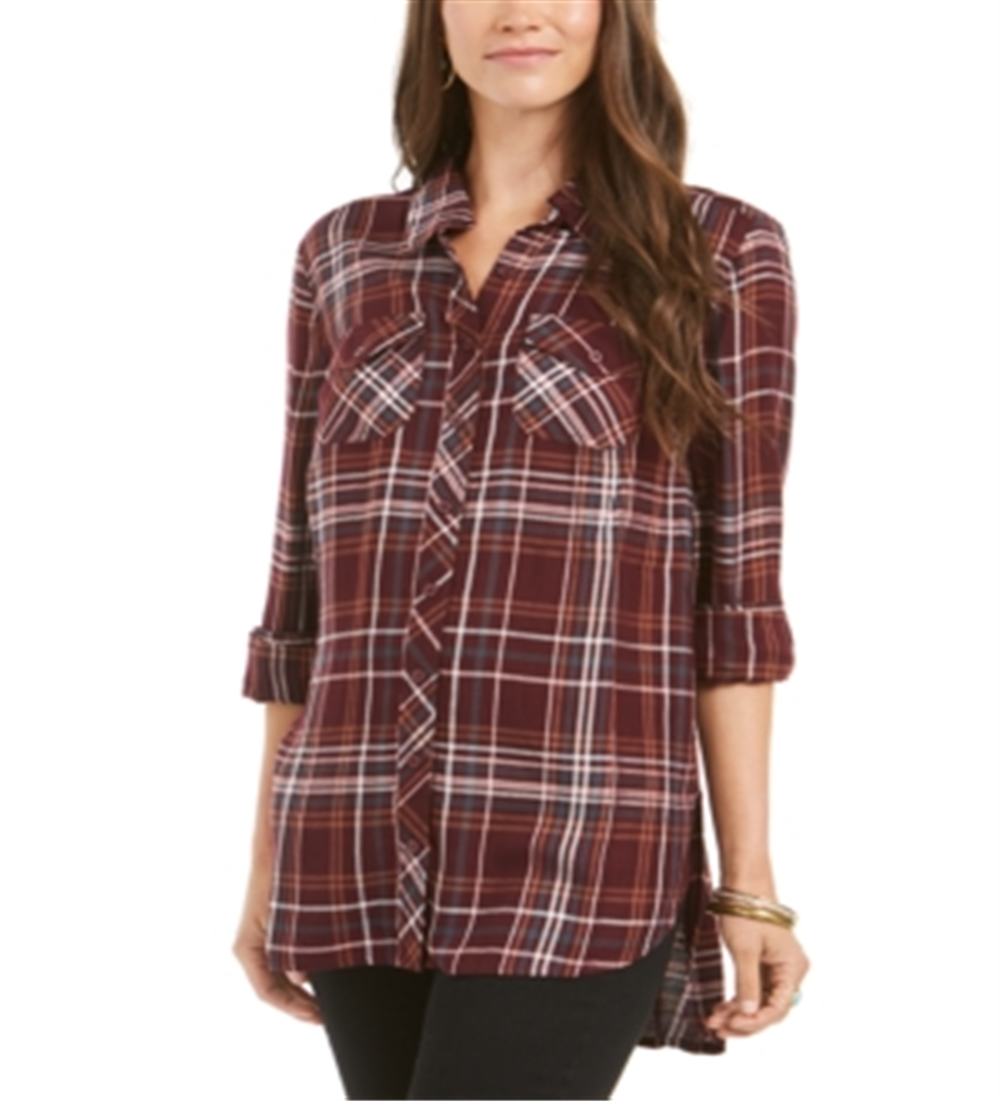 Style & Co Women's Plaid Utility Shirt Wine Size  Petite L