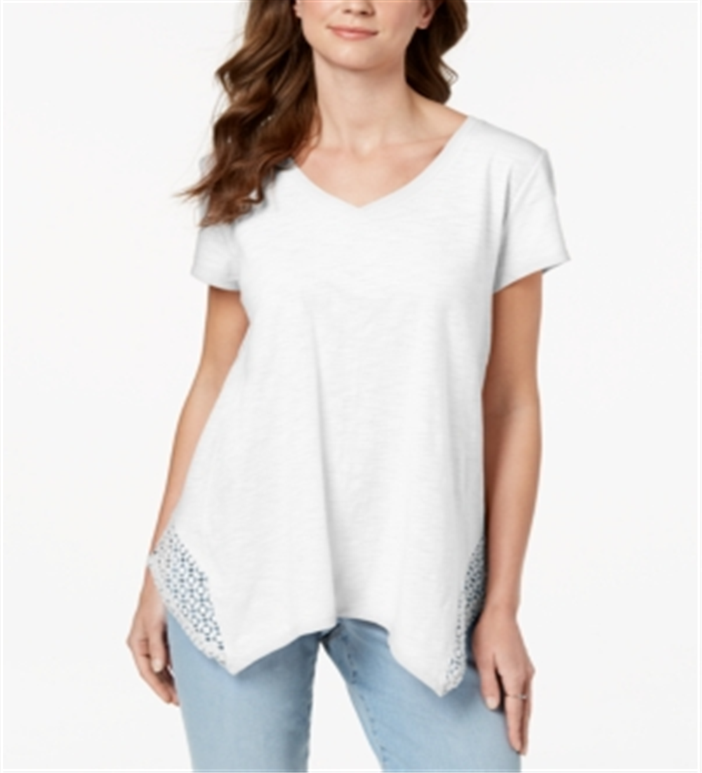 Style & Co Women's Crochet Handkerchief Hem Top White Size Petite