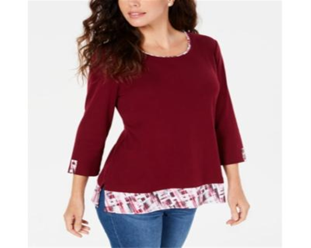 Karen Scott Women's Printed Trim Top Red Size Petite Small