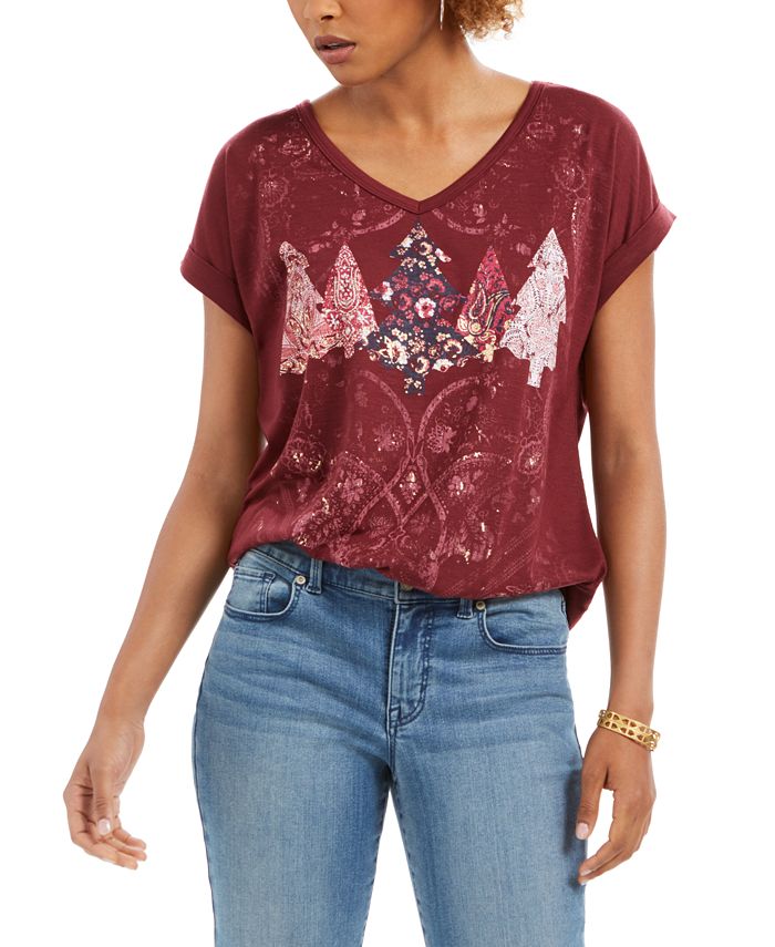 Style & Co Women's Tree Graphic Top Red Size Petite M