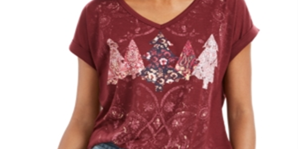 Style & Co Women's Tree Graphic Top Red Size Petite M